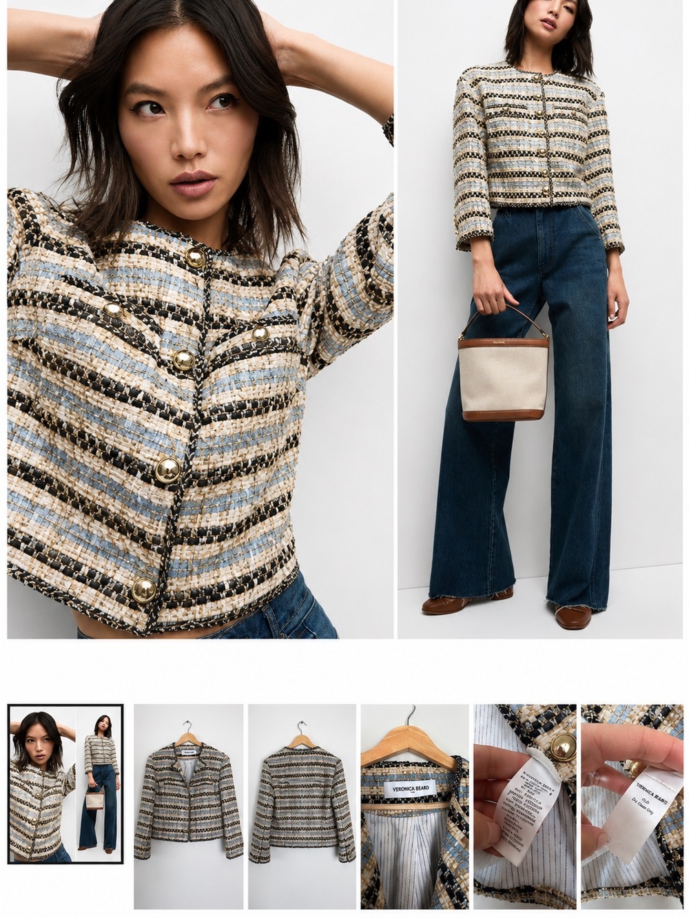 NEW NWT Veronica Beard Sumira Metallic Tweed Jacket in Blue Ivory and Gold 0